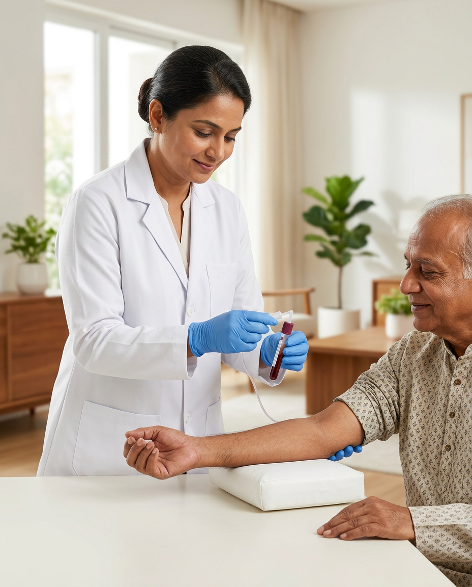 Acurix Lab clinician preparing a blood sample during a home visit
