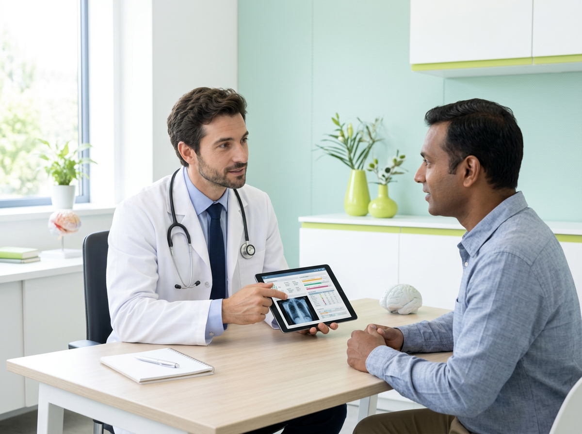 Doctor helping a patient understand a diagnostic report